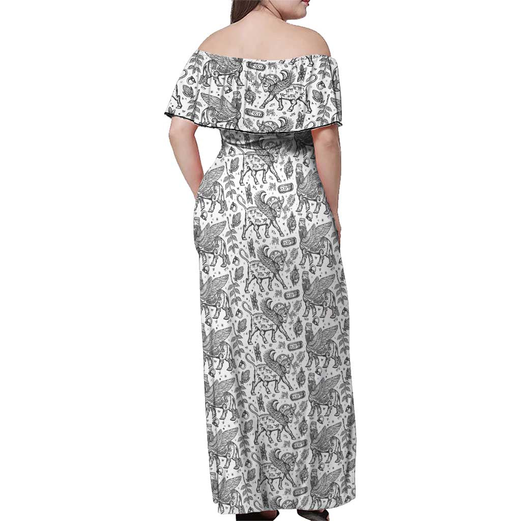 Iraq Ancient Mesopotamian Lamassu Family Matching Off Shoulder Maxi Dress and Hawaiian Shirt with Mythical Motif Design - Wonder Print Shop