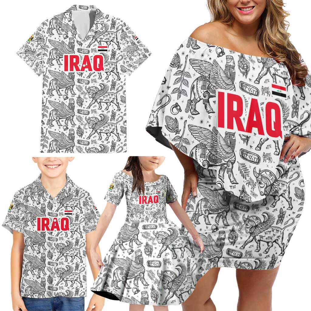 Iraq Ancient Mesopotamian Lamassu Family Matching Off Shoulder Short Dress and Hawaiian Shirt with Mythical Motif Design - Wonder Print Shop