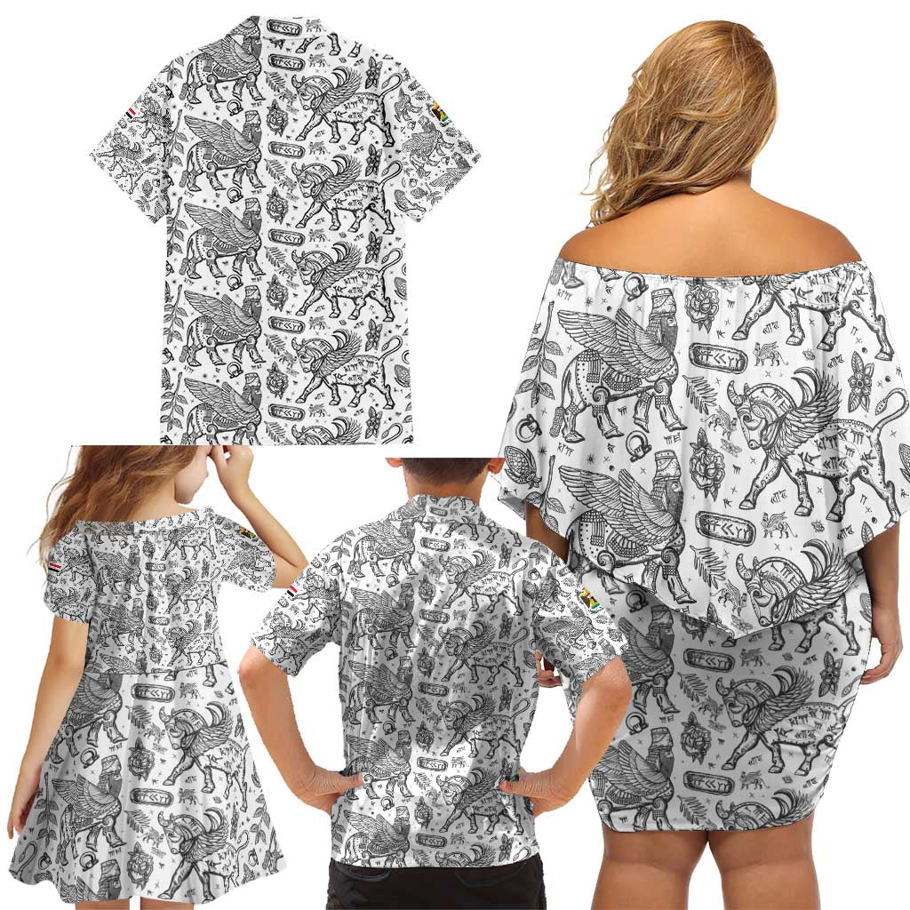 Iraq Ancient Mesopotamian Lamassu Family Matching Off Shoulder Short Dress and Hawaiian Shirt with Mythical Motif Design - Wonder Print Shop