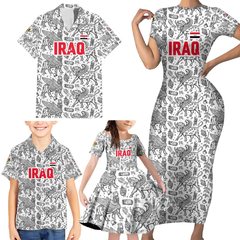 Iraq Ancient Mesopotamian Lamassu Family Matching Short Sleeve Bodycon Dress and Hawaiian Shirt with Mythical Motif Design - Wonder Print Shop