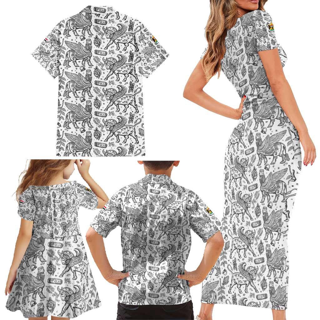Iraq Ancient Mesopotamian Lamassu Family Matching Short Sleeve Bodycon Dress and Hawaiian Shirt with Mythical Motif Design - Wonder Print Shop