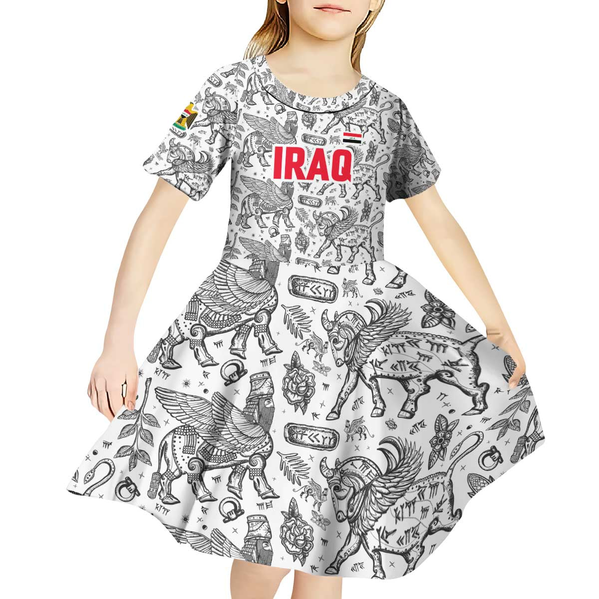 Iraq Ancient Mesopotamian Lamassu Kid Short Sleeve Dress with Mythical Motif Design - Wonder Print Shop