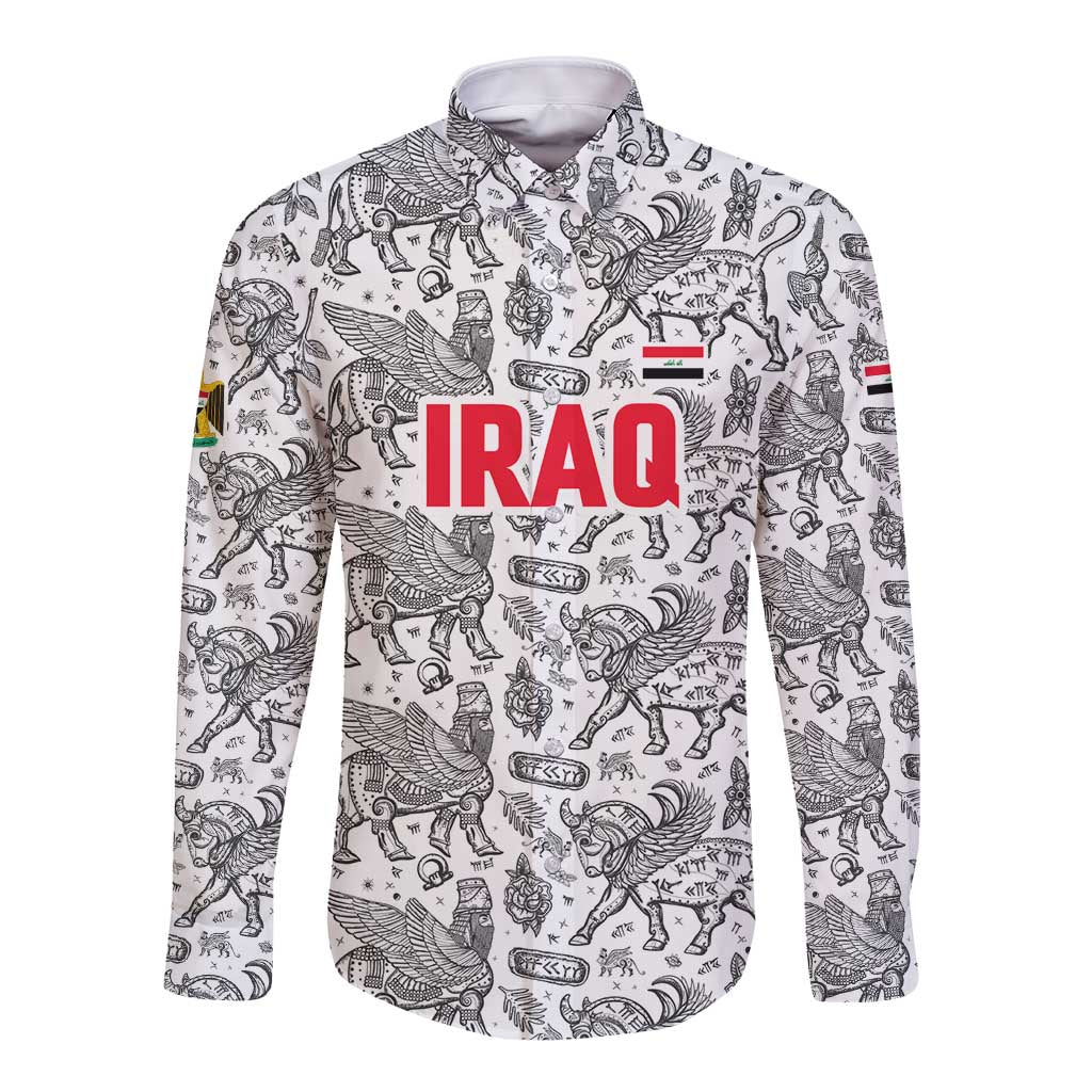 Iraq Ancient Mesopotamian Lamassu Long Sleeve Button Shirt with Mythical Motif Design - Wonder Print Shop