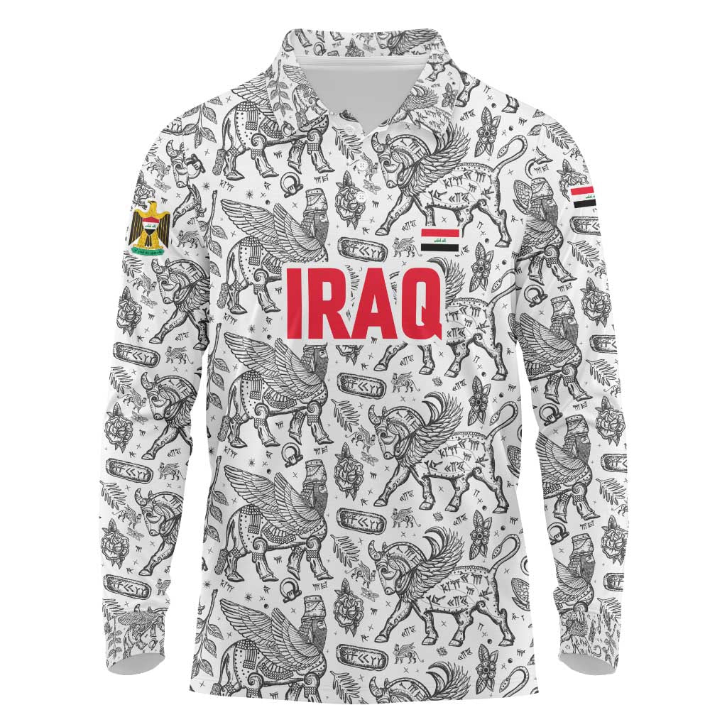 Iraq Ancient Mesopotamian Lamassu Long Sleeve Polo Shirt with Mythical Motif Design - Wonder Print Shop