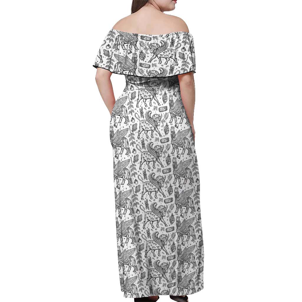 Iraq Ancient Mesopotamian Lamassu Off Shoulder Maxi Dress with Mythical Motif Design - Wonder Print Shop