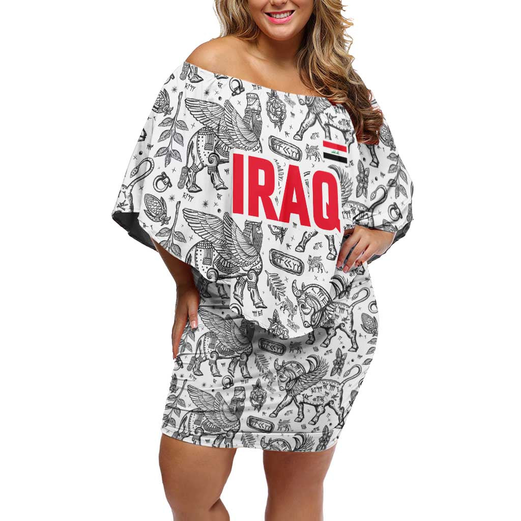 Iraq Ancient Mesopotamian Lamassu Off Shoulder Short Dress with Mythical Motif Design - Wonder Print Shop