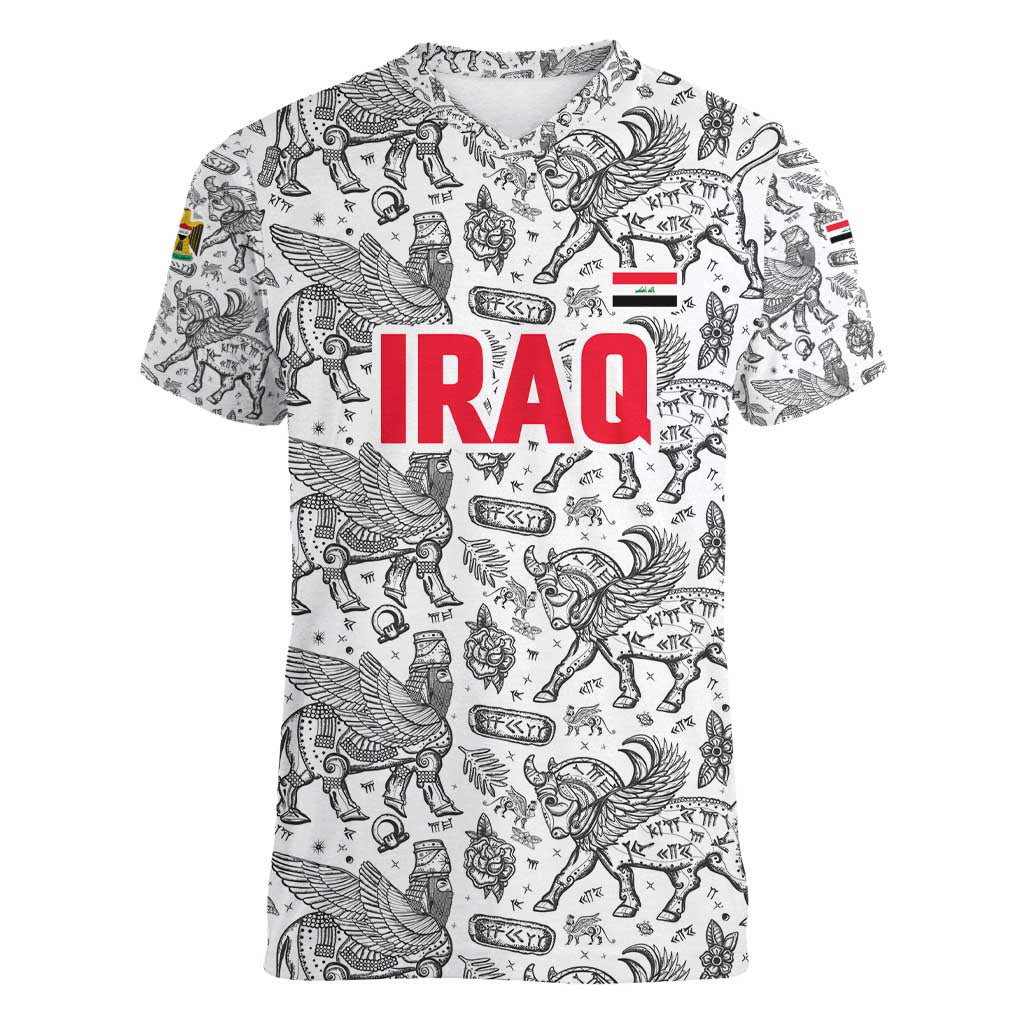 Iraq Ancient Mesopotamian Lamassu Women V-Neck T-Shirt with Mythical Motif Design - Wonder Print Shop