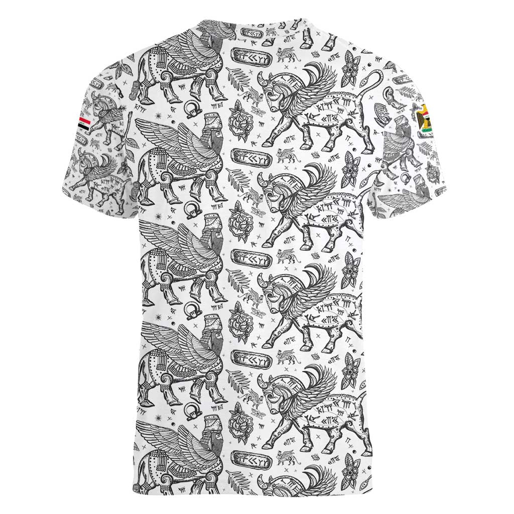 Iraq Ancient Mesopotamian Lamassu Women V-Neck T-Shirt with Mythical Motif Design - Wonder Print Shop