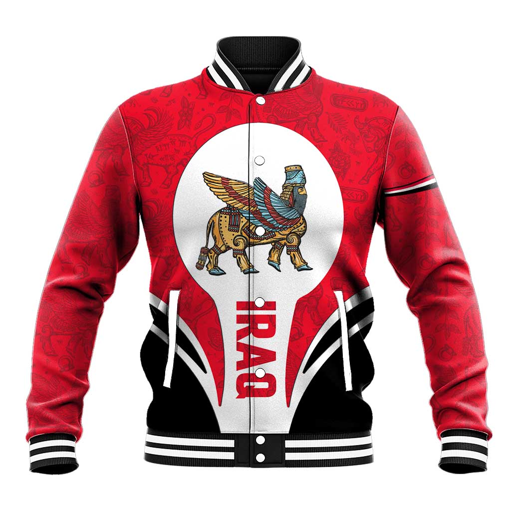 Iraq Baseball Jacket with Lamassu Mythical Creature and National Map Design - Wonder Print Shop