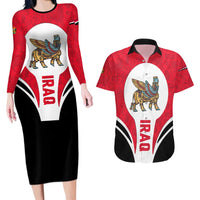 Iraq Couples Matching Long Sleeve Bodycon Dress and Hawaiian Shirt with Lamassu Mythical Creature and National Map Design - Wonder Print Shop