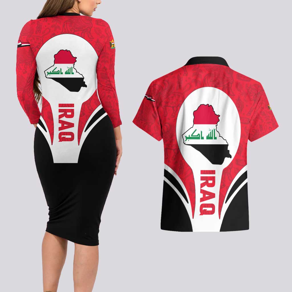 Iraq Couples Matching Long Sleeve Bodycon Dress and Hawaiian Shirt with Lamassu Mythical Creature and National Map Design - Wonder Print Shop