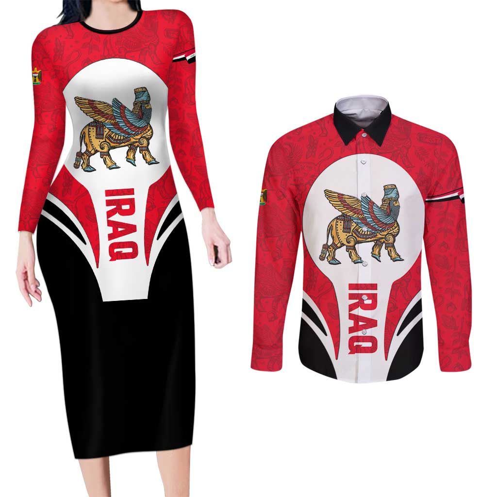 Iraq Couples Matching Long Sleeve Bodycon Dress and Long Sleeve Button Shirt with Lamassu Mythical Creature and National Map Design - Wonder Print Shop