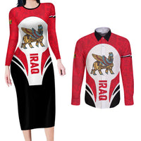 Iraq Couples Matching Long Sleeve Bodycon Dress and Long Sleeve Button Shirt with Lamassu Mythical Creature and National Map Design - Wonder Print Shop