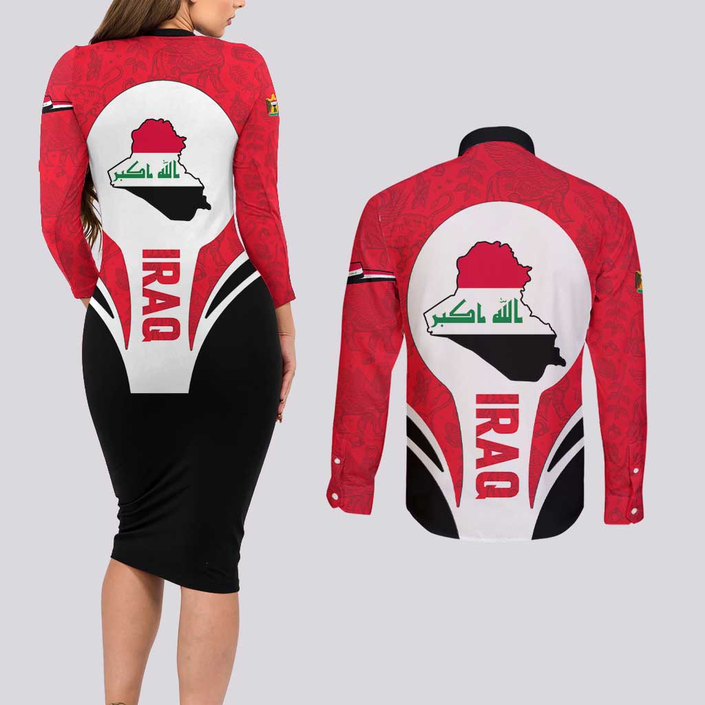 Iraq Couples Matching Long Sleeve Bodycon Dress and Long Sleeve Button Shirt with Lamassu Mythical Creature and National Map Design - Wonder Print Shop