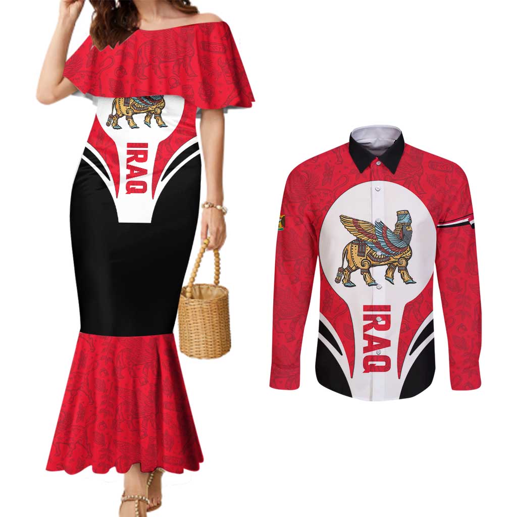 Iraq Couples Matching Mermaid Dress and Long Sleeve Button Shirt with Lamassu Mythical Creature and National Map Design - Wonder Print Shop