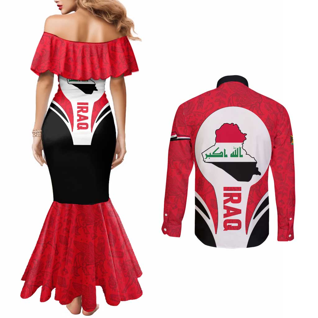 Iraq Couples Matching Mermaid Dress and Long Sleeve Button Shirt with Lamassu Mythical Creature and National Map Design - Wonder Print Shop