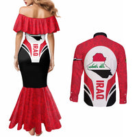 Iraq Couples Matching Mermaid Dress and Long Sleeve Button Shirt with Lamassu Mythical Creature and National Map Design - Wonder Print Shop