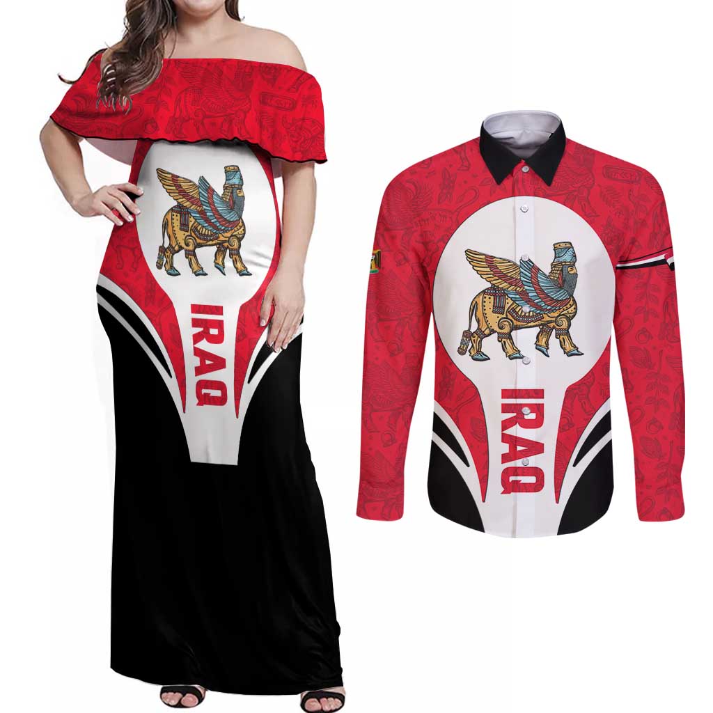 Iraq Couples Matching Off Shoulder Maxi Dress and Long Sleeve Button Shirt with Lamassu Mythical Creature and National Map Design - Wonder Print Shop