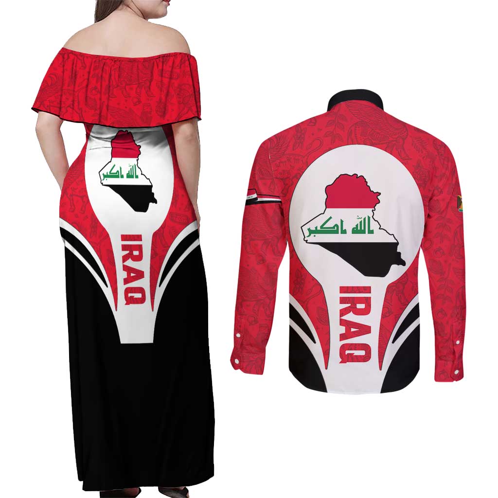 Iraq Couples Matching Off Shoulder Maxi Dress and Long Sleeve Button Shirt with Lamassu Mythical Creature and National Map Design - Wonder Print Shop