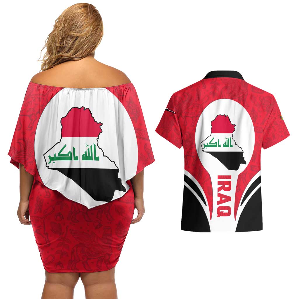 Iraq Couples Matching Off Shoulder Short Dress and Hawaiian Shirt with Lamassu Mythical Creature and National Map Design - Wonder Print Shop
