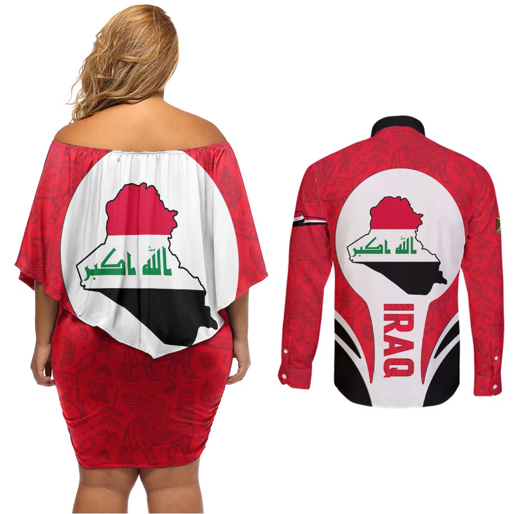 Iraq Couples Matching Off Shoulder Short Dress and Long Sleeve Button Shirt with Lamassu Mythical Creature and National Map Design - Wonder Print Shop
