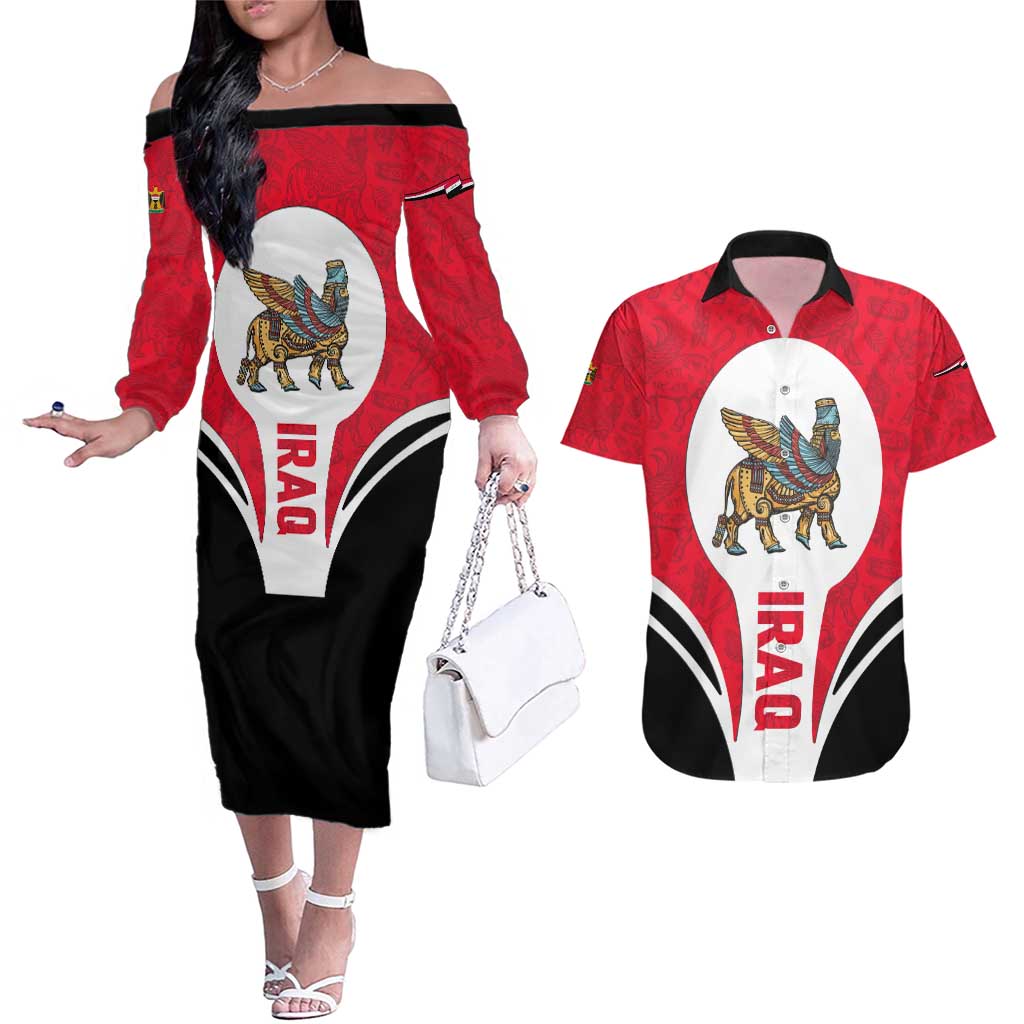 Iraq Couples Matching Off The Shoulder Long Sleeve Dress and Hawaiian Shirt with Lamassu Mythical Creature and National Map Design - Wonder Print Shop