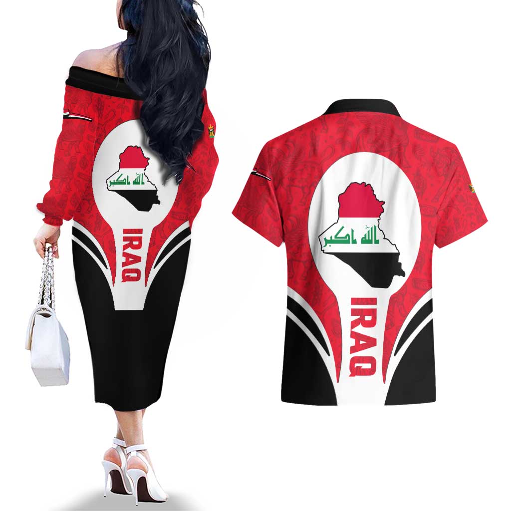 Iraq Couples Matching Off The Shoulder Long Sleeve Dress and Hawaiian Shirt with Lamassu Mythical Creature and National Map Design - Wonder Print Shop