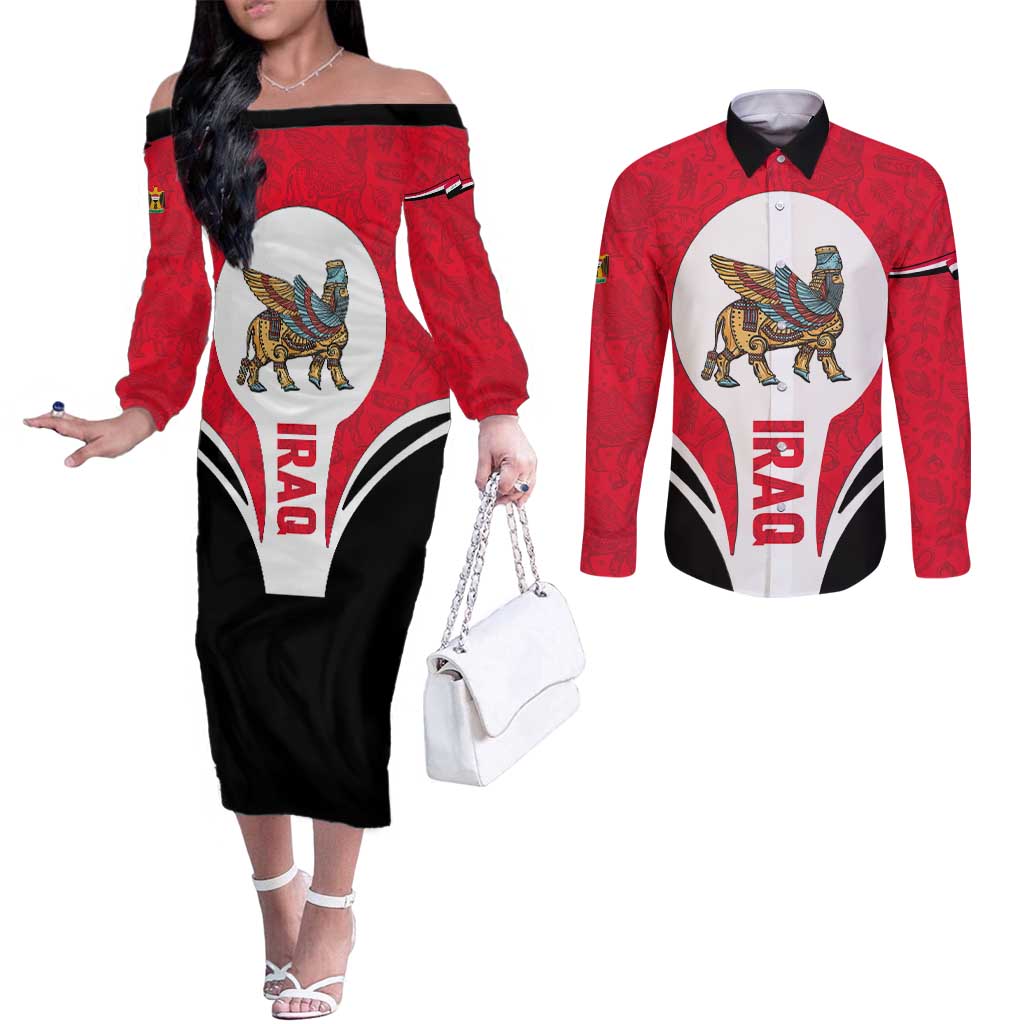 Iraq Couples Matching Off The Shoulder Long Sleeve Dress and Long Sleeve Button Shirt with Lamassu Mythical Creature and National Map Design - Wonder Print Shop
