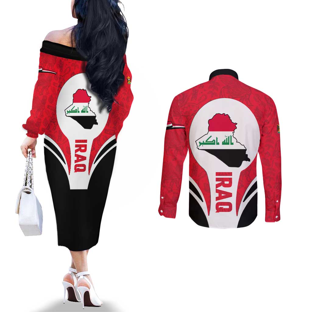 Iraq Couples Matching Off The Shoulder Long Sleeve Dress and Long Sleeve Button Shirt with Lamassu Mythical Creature and National Map Design - Wonder Print Shop