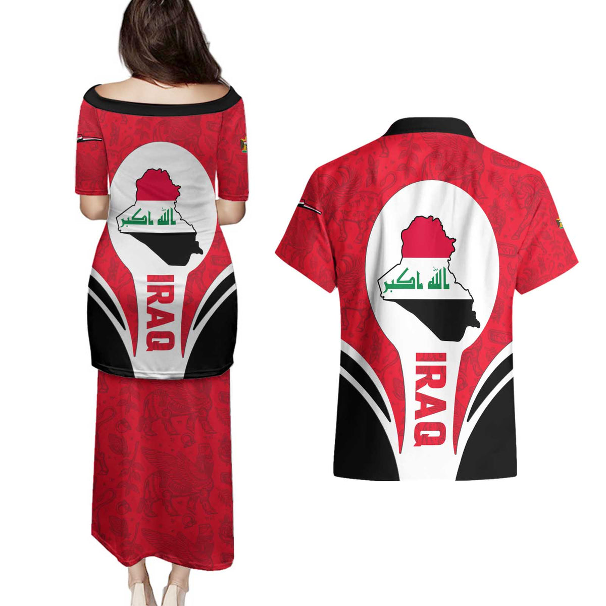 Iraq Couples Matching Puletasi and Hawaiian Shirt with Lamassu Mythical Creature and National Map Design - Wonder Print Shop