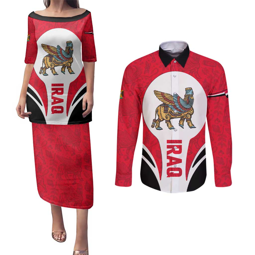 Iraq Couples Matching Puletasi and Long Sleeve Button Shirt with Lamassu Mythical Creature and National Map Design - Wonder Print Shop