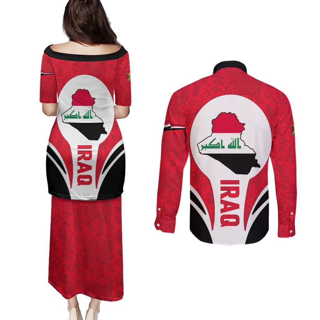 Iraq Couples Matching Puletasi and Long Sleeve Button Shirt with Lamassu Mythical Creature and National Map Design - Wonder Print Shop