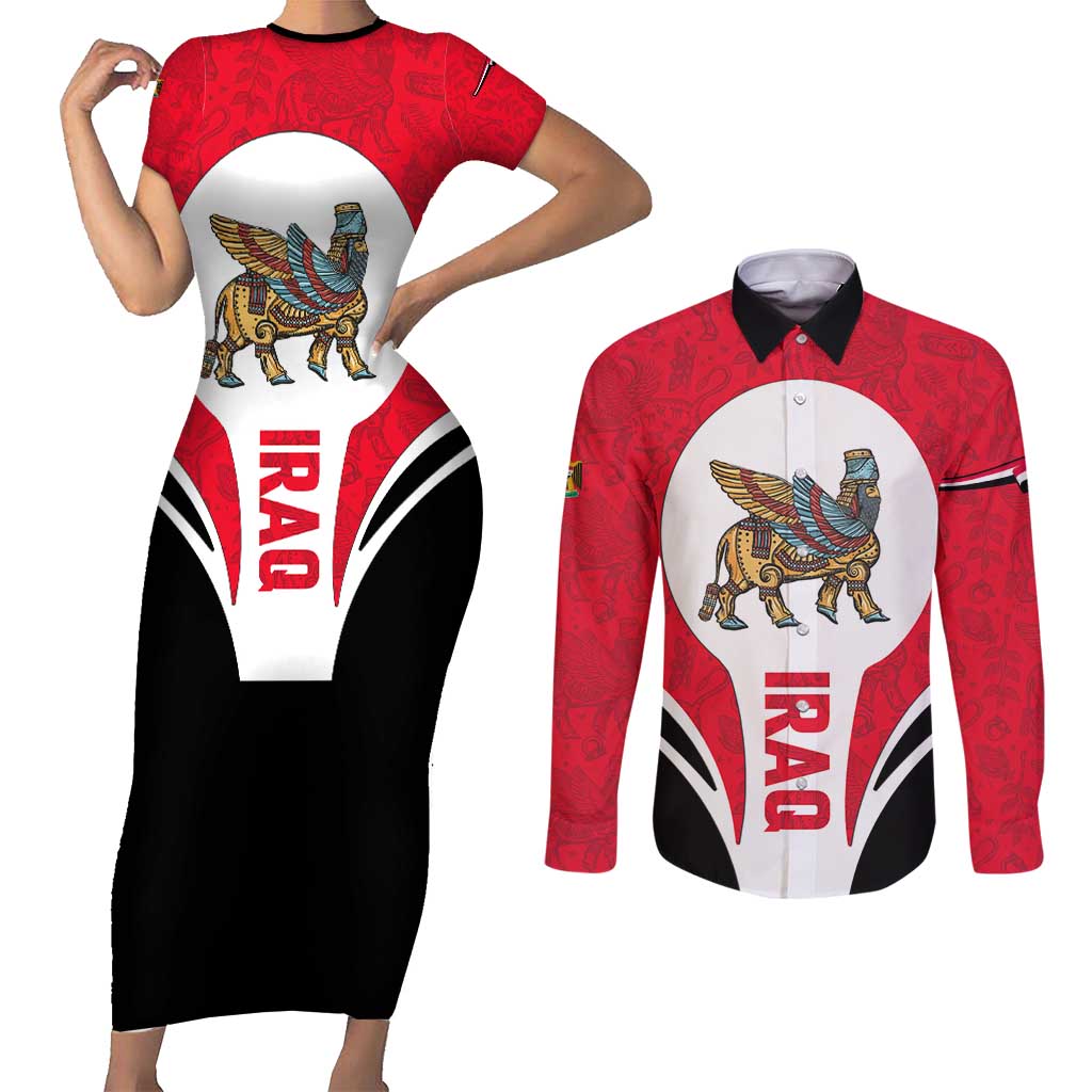 Iraq Couples Matching Short Sleeve Bodycon Dress and Long Sleeve Button Shirt with Lamassu Mythical Creature and National Map Design - Wonder Print Shop