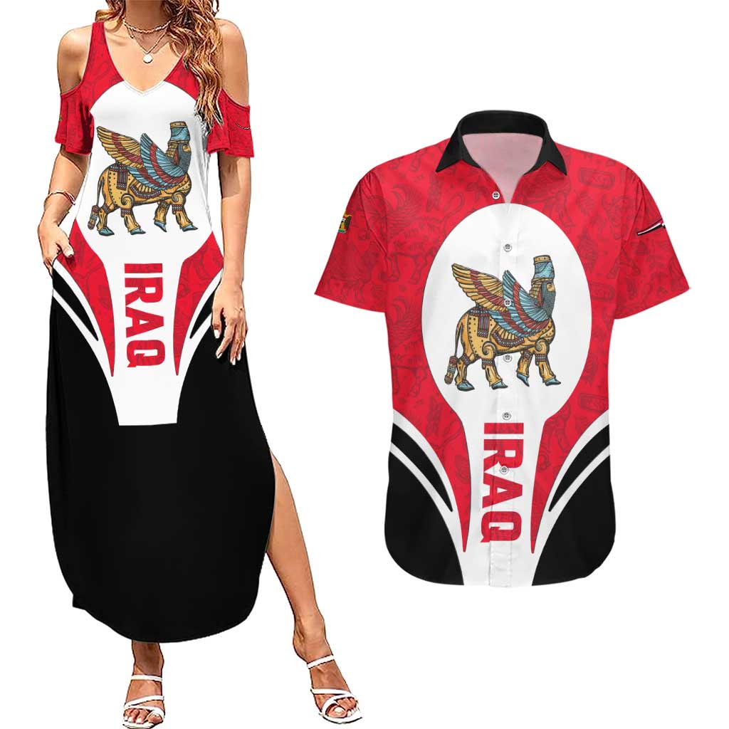 Iraq Couples Matching Summer Maxi Dress and Hawaiian Shirt with Lamassu Mythical Creature and National Map Design - Wonder Print Shop