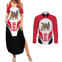 Iraq Couples Matching Summer Maxi Dress and Long Sleeve Button Shirt with Lamassu Mythical Creature and National Map Design - Wonder Print Shop