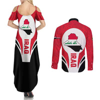 Iraq Couples Matching Summer Maxi Dress and Long Sleeve Button Shirt with Lamassu Mythical Creature and National Map Design - Wonder Print Shop