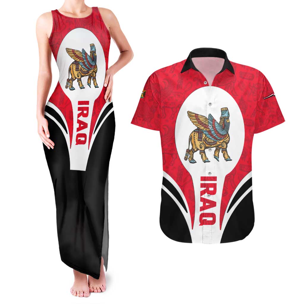Iraq Couples Matching Tank Maxi Dress and Hawaiian Shirt with Lamassu Mythical Creature and National Map Design - Wonder Print Shop