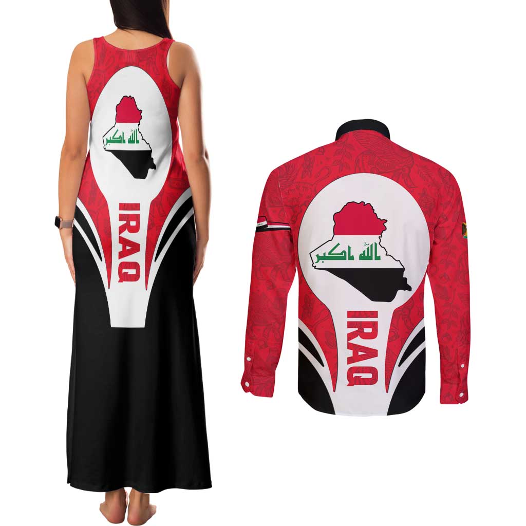 Iraq Couples Matching Tank Maxi Dress and Long Sleeve Button Shirt with Lamassu Mythical Creature and National Map Design - Wonder Print Shop