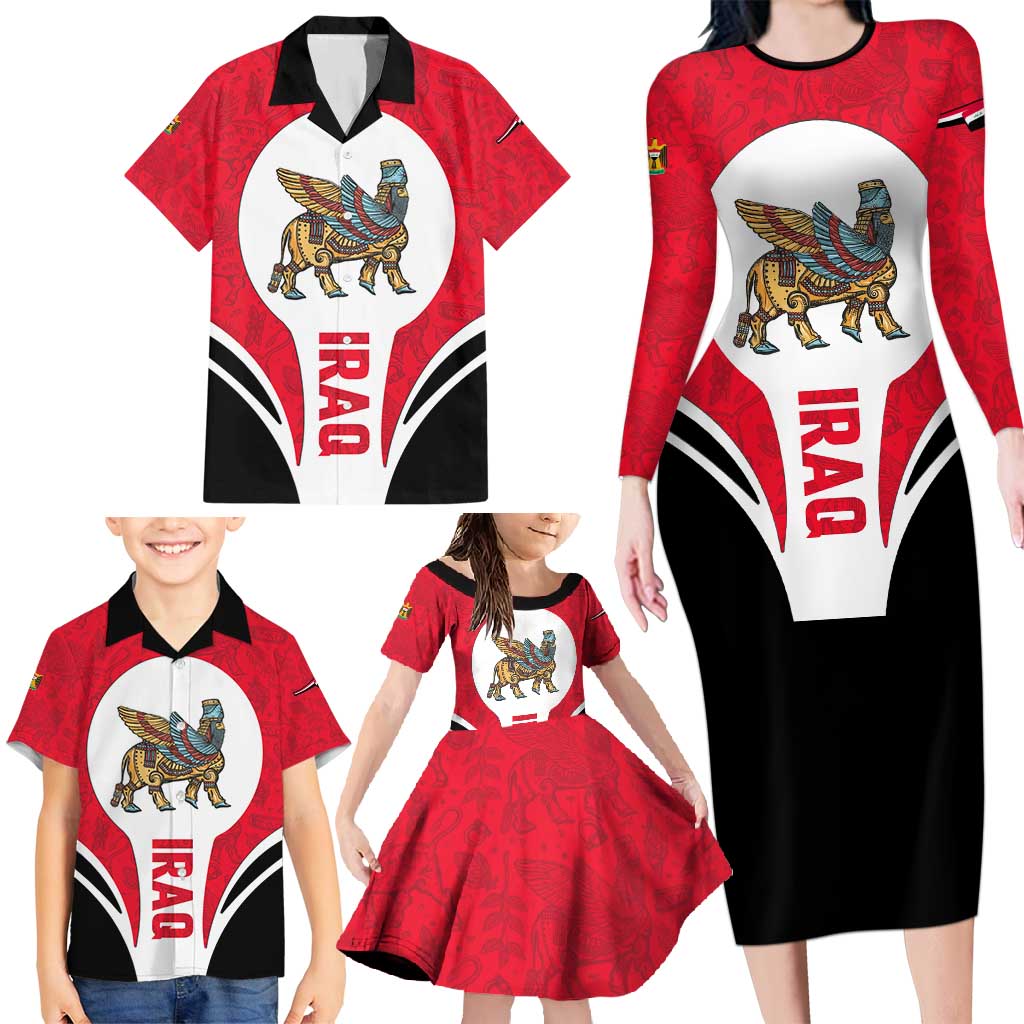 Iraq Family Matching Long Sleeve Bodycon Dress and Hawaiian Shirt with Lamassu Mythical Creature and National Map Design - Wonder Print Shop