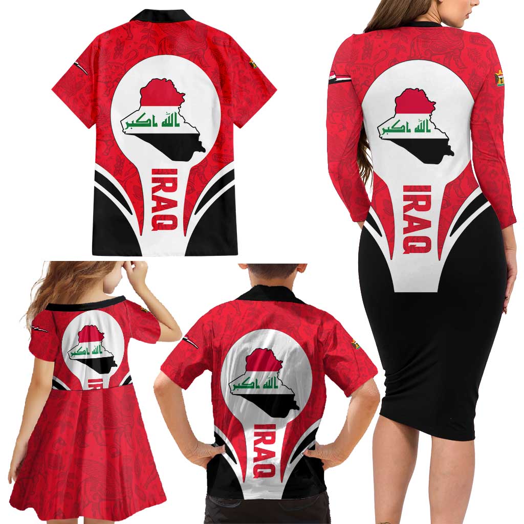 Iraq Family Matching Long Sleeve Bodycon Dress and Hawaiian Shirt with Lamassu Mythical Creature and National Map Design - Wonder Print Shop