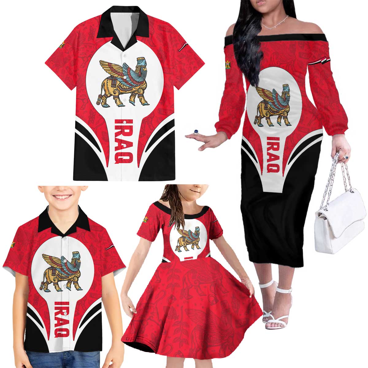 Iraq Family Matching Off The Shoulder Long Sleeve Dress and Hawaiian Shirt with Lamassu Mythical Creature and National Map Design - Wonder Print Shop