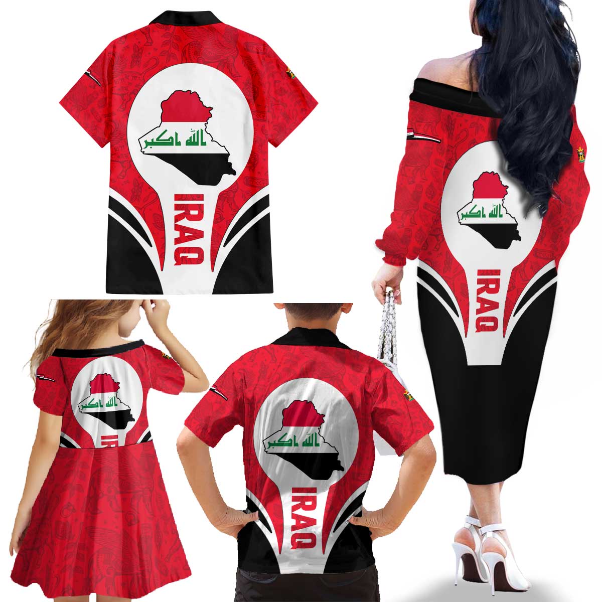 Iraq Family Matching Off The Shoulder Long Sleeve Dress and Hawaiian Shirt with Lamassu Mythical Creature and National Map Design - Wonder Print Shop