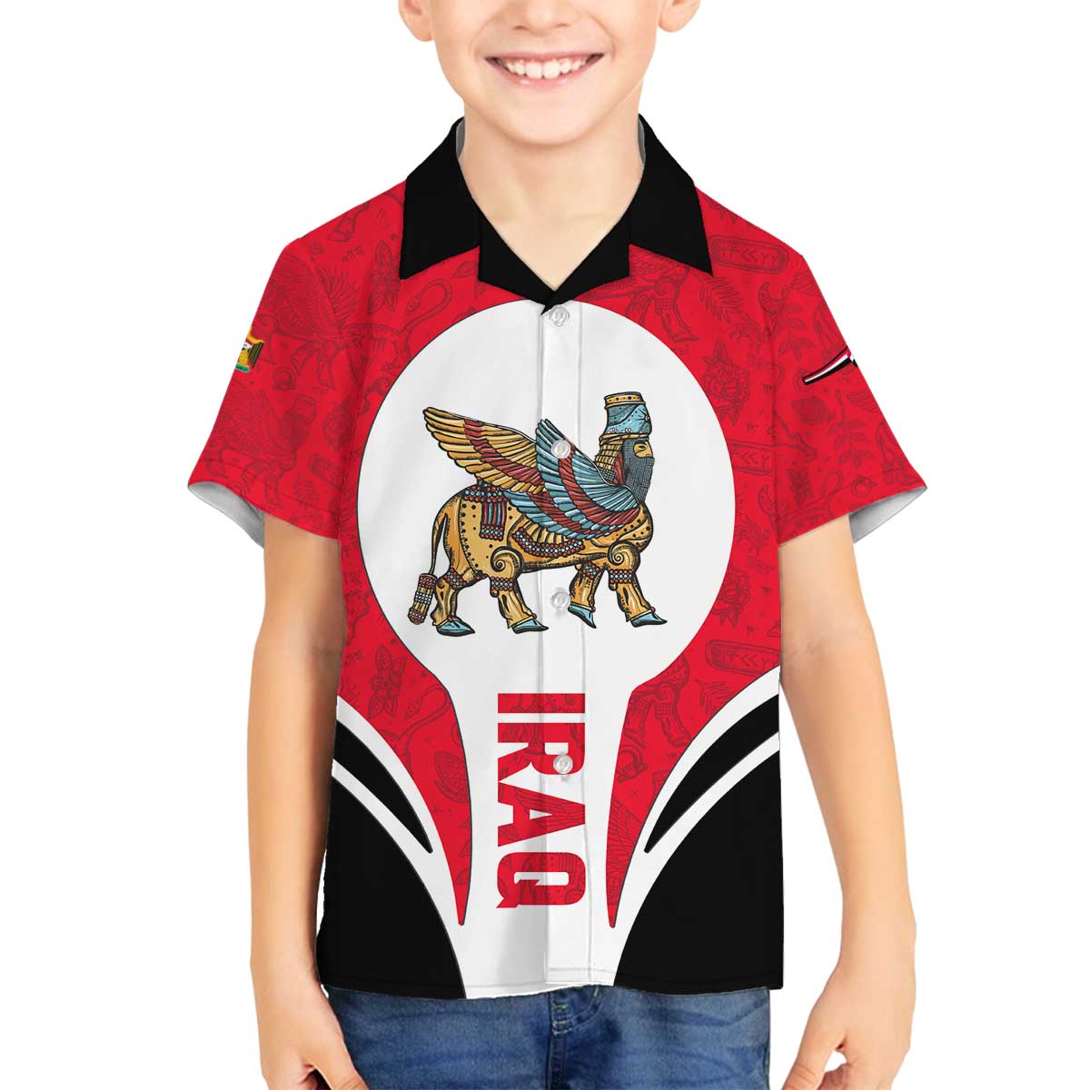 Iraq Family Matching Off The Shoulder Long Sleeve Dress and Hawaiian Shirt with Lamassu Mythical Creature and National Map Design - Wonder Print Shop