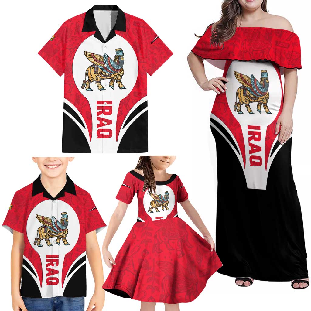 Iraq Family Matching Off Shoulder Maxi Dress and Hawaiian Shirt with Lamassu Mythical Creature and National Map Design - Wonder Print Shop