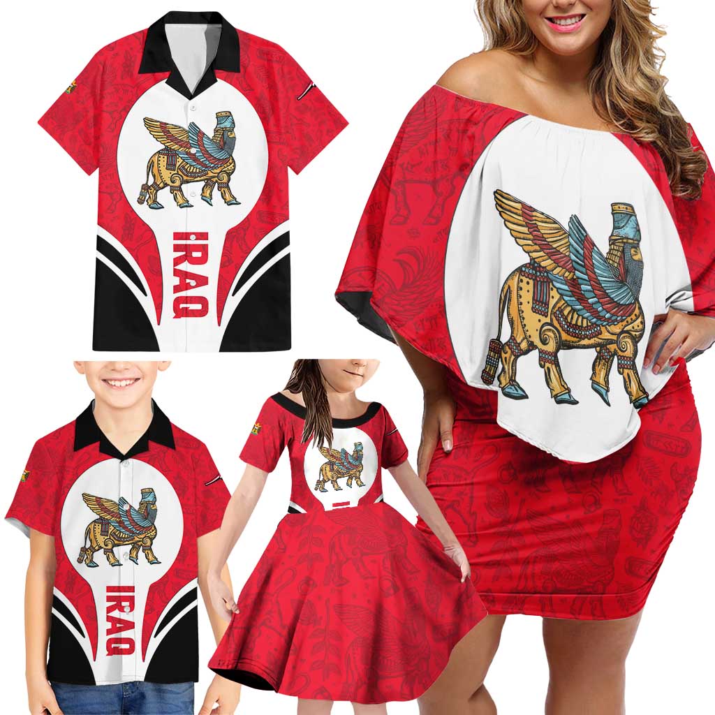 Iraq Family Matching Off Shoulder Short Dress and Hawaiian Shirt with Lamassu Mythical Creature and National Map Design - Wonder Print Shop