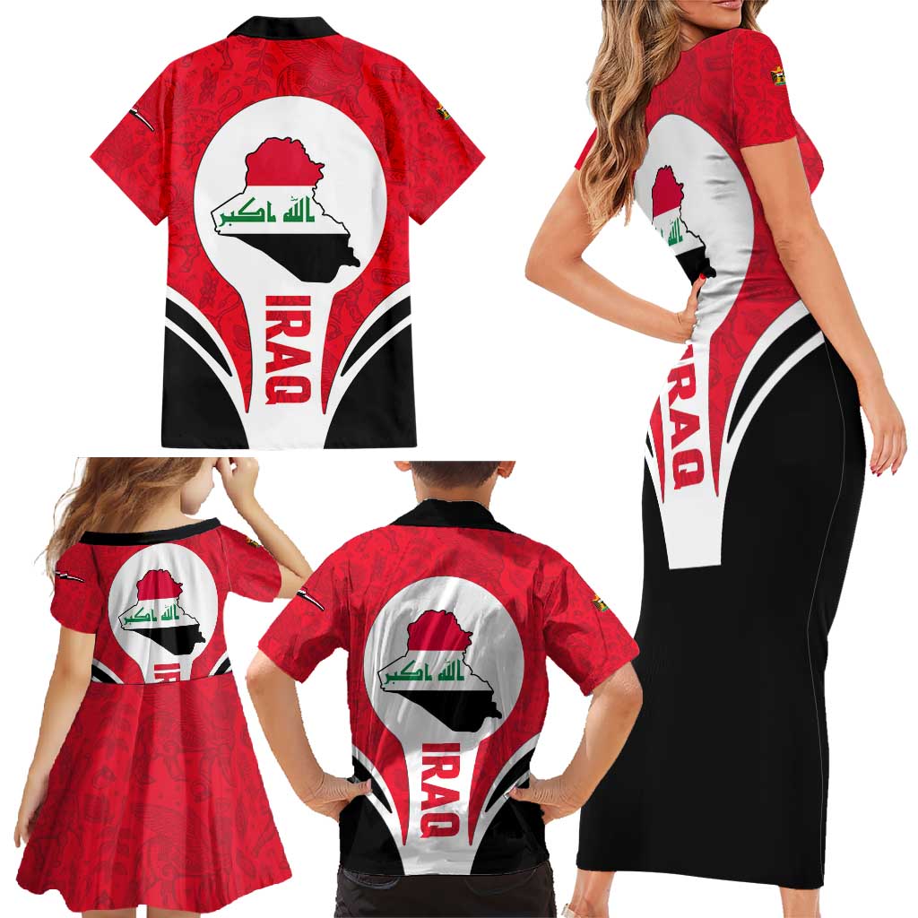 Iraq Family Matching Short Sleeve Bodycon Dress and Hawaiian Shirt with Lamassu Mythical Creature and National Map Design - Wonder Print Shop