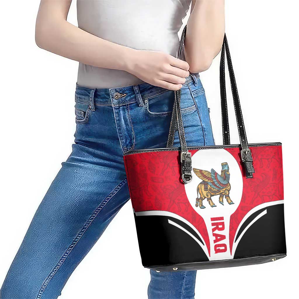 Iraq Leather Tote Bag with Lamassu Mythical Creature and National Map Design - Wonder Print Shop