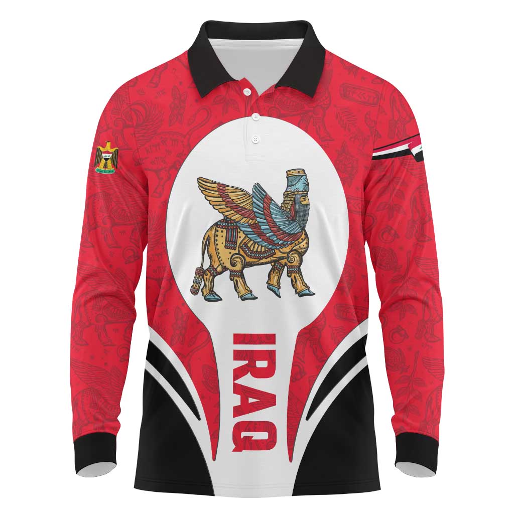 Iraq Long Sleeve Polo Shirt with Lamassu Mythical Creature and National Map Design - Wonder Print Shop