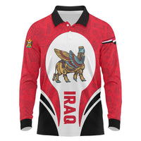 Iraq Long Sleeve Polo Shirt with Lamassu Mythical Creature and National Map Design - Wonder Print Shop