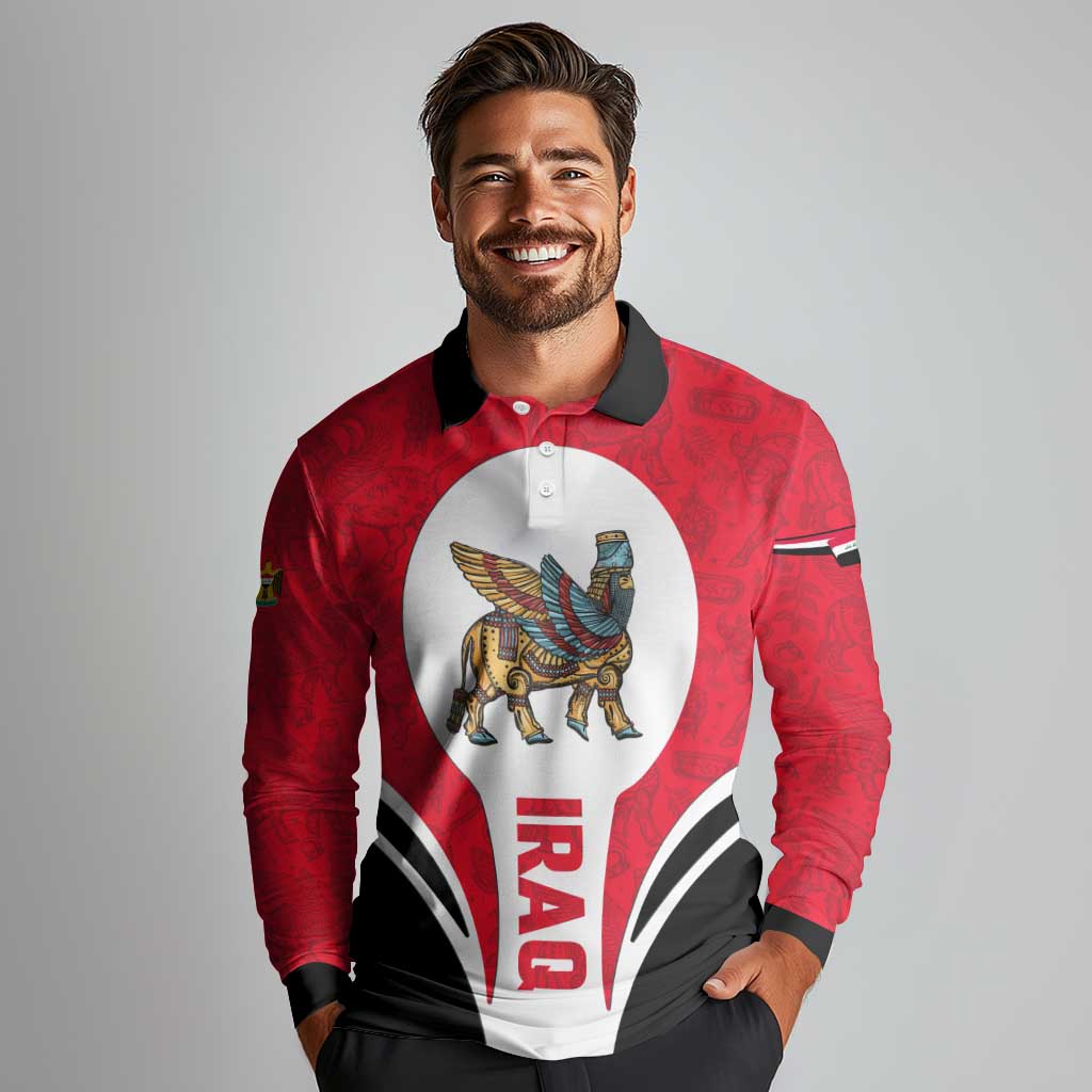 Iraq Long Sleeve Polo Shirt with Lamassu Mythical Creature and National Map Design - Wonder Print Shop